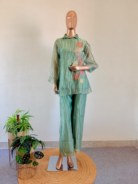 Floral Appliqué Sage Green Metallic Tissue Co-Ord Set
