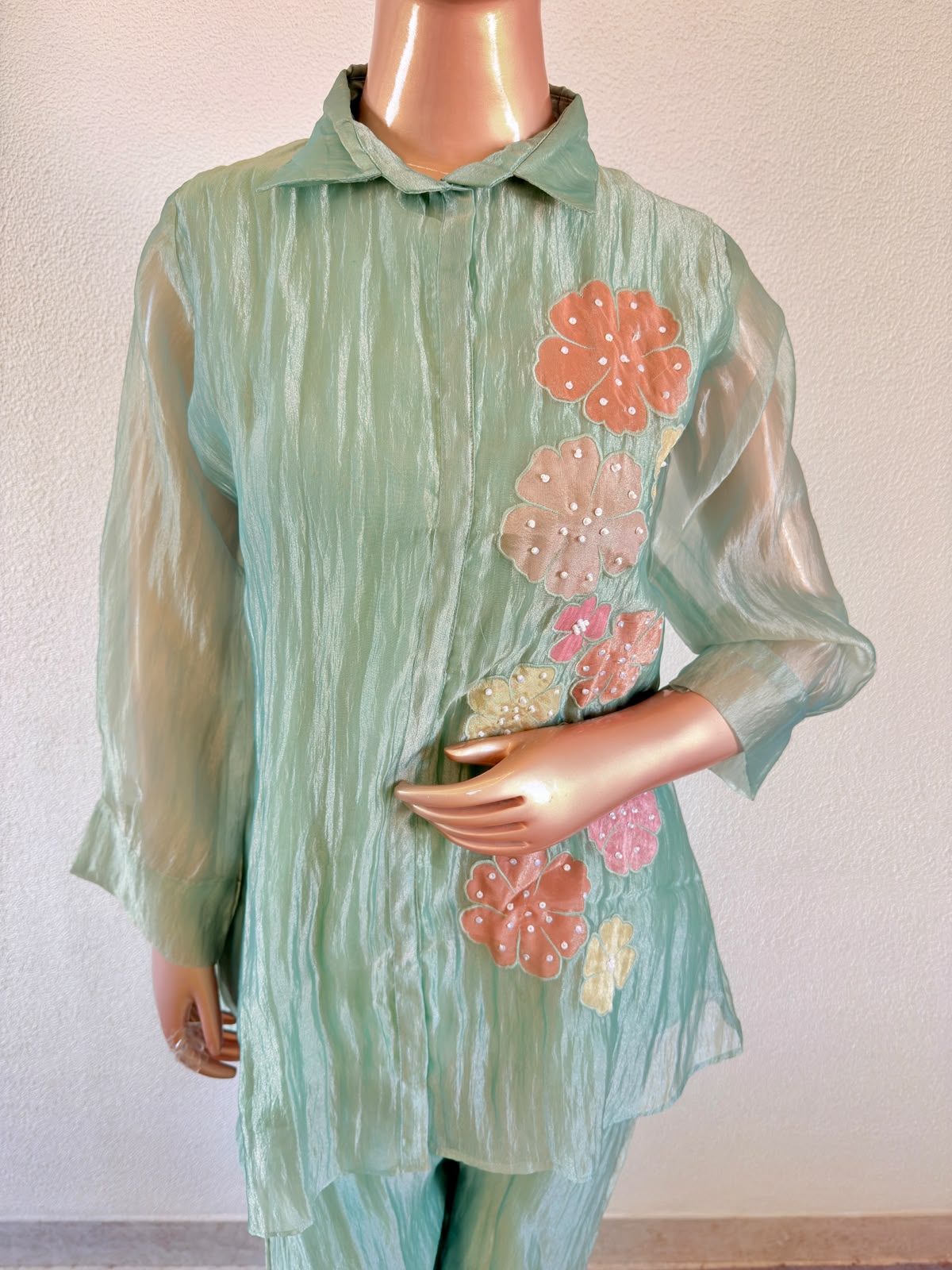 Floral Appliqué Sage Green Metallic Tissue Co-Ord Set