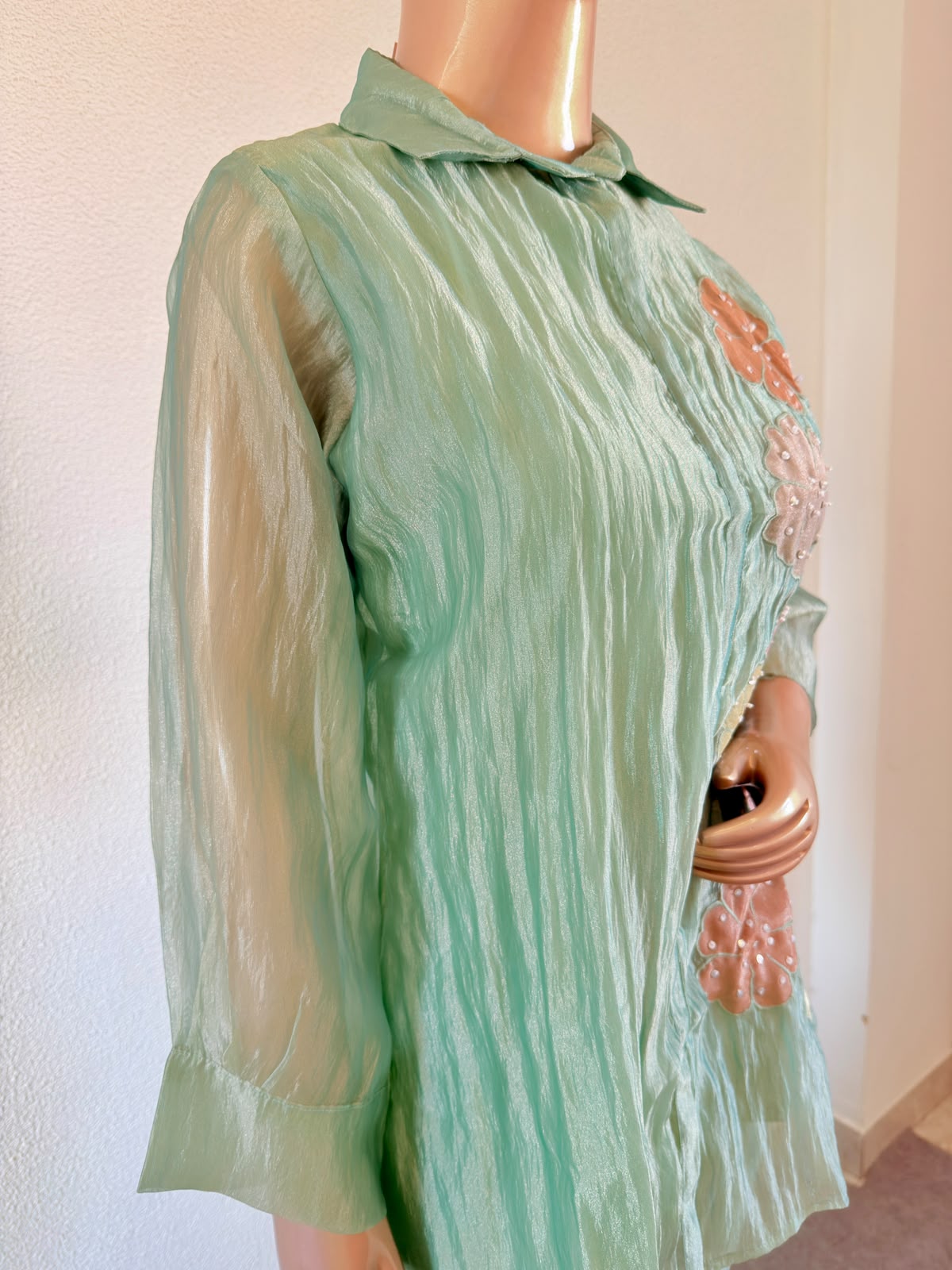 Floral Appliqué Sage Green Metallic Tissue Co-Ord Set