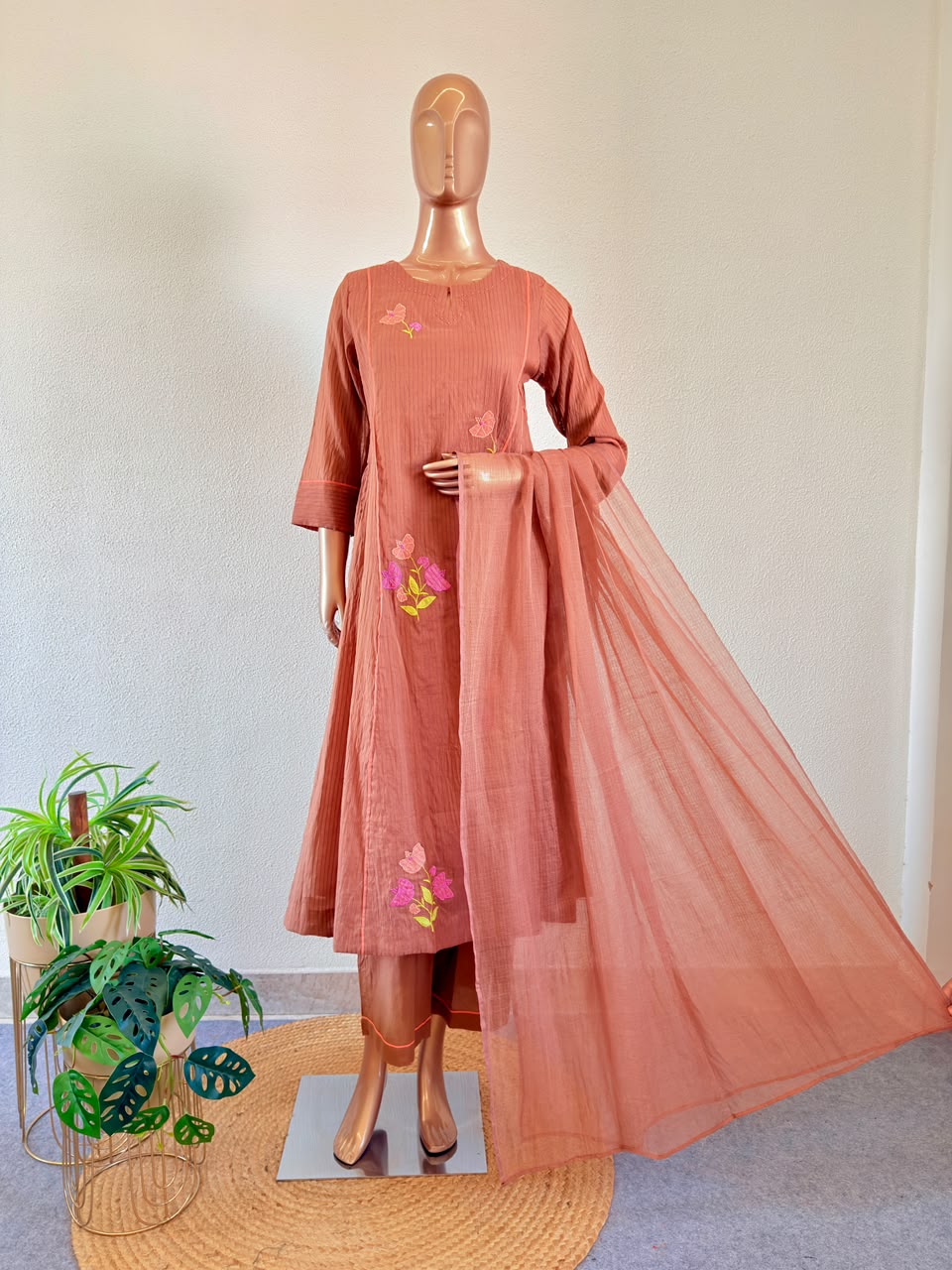 Applique Floral Booti Brown Mul Chanderi Silk Anarkali Set with Dupatta