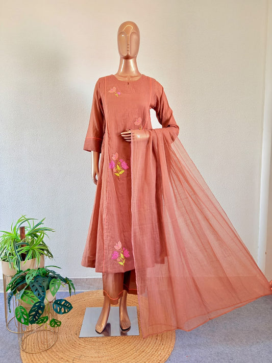 Applique Floral Booti Brown Mul Chanderi Silk Anarkali Set with Dupatta