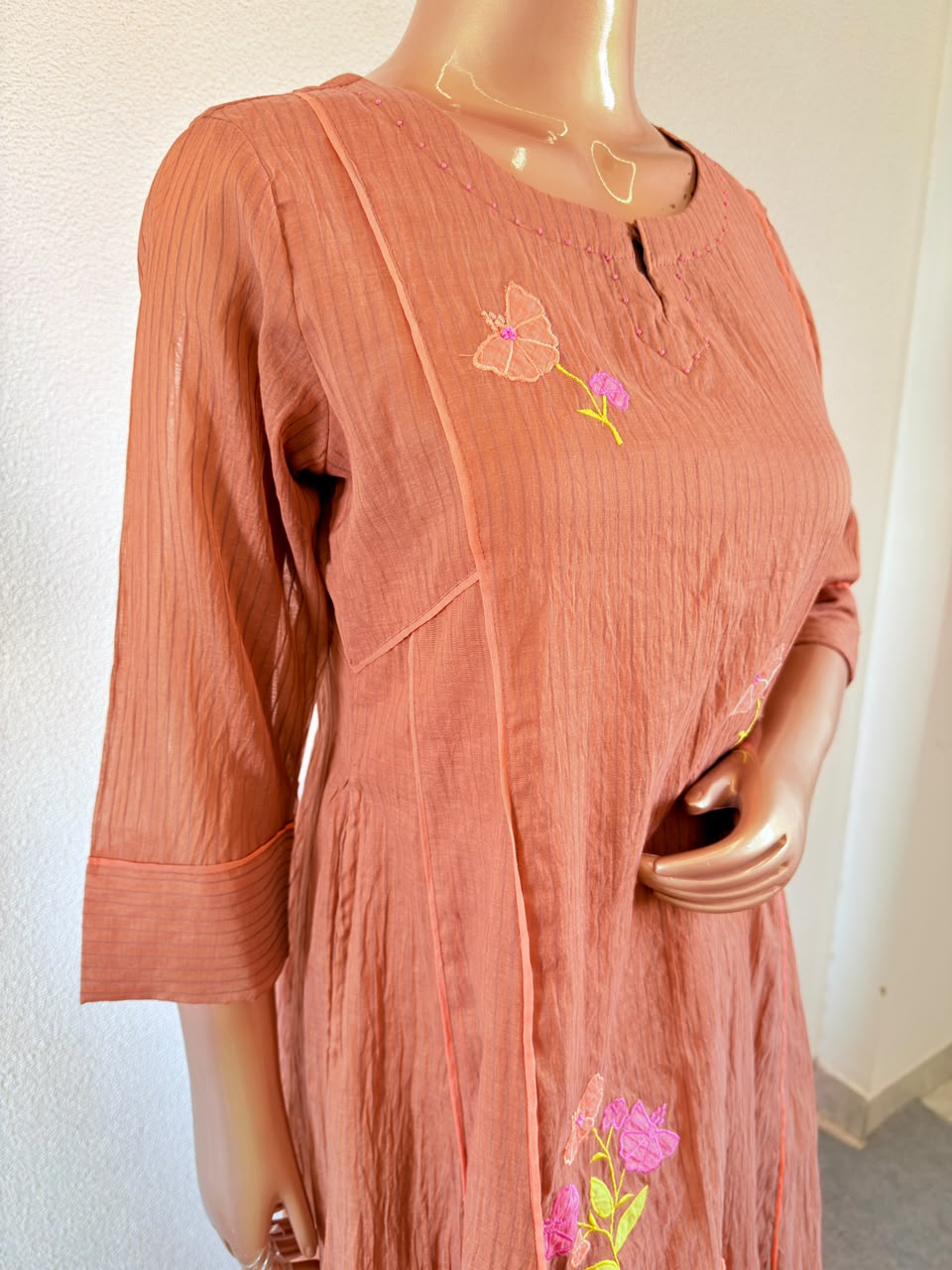 Applique Floral Booti Brown Mul Chanderi Silk Anarkali Set with Dupatta