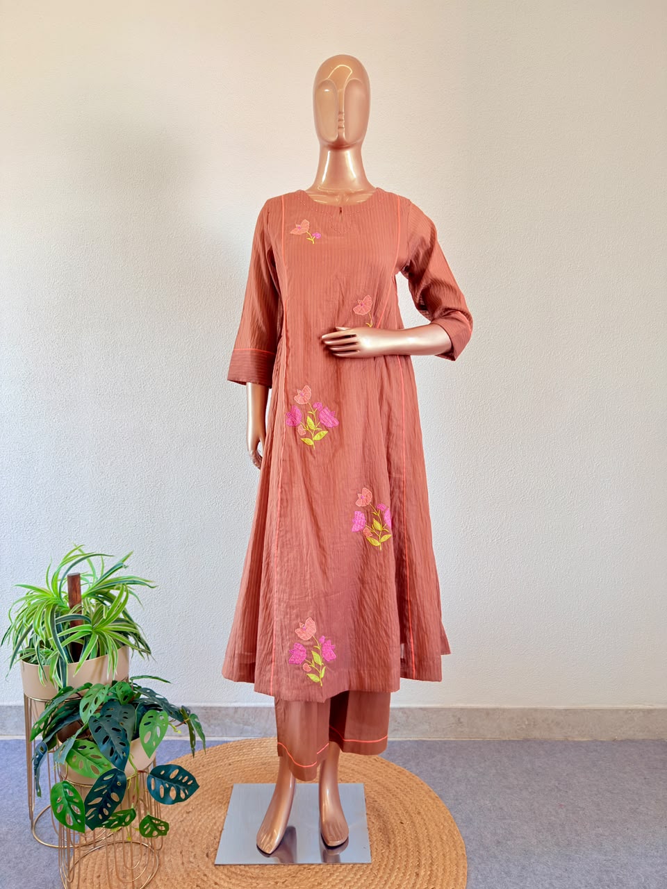 Applique Floral Booti Brown Mul Chanderi Silk Anarkali Set with Dupatta