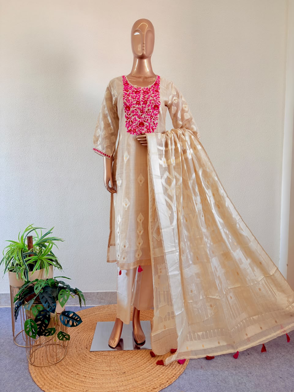 Hot Pink Resham Embroidered Yoke Cream Chanderi Silk Suit Set with Dupatta