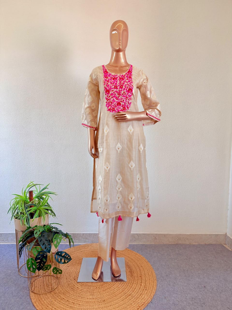 Hot Pink Resham Embroidered Yoke Cream Chanderi Silk Suit Set with Dupatta