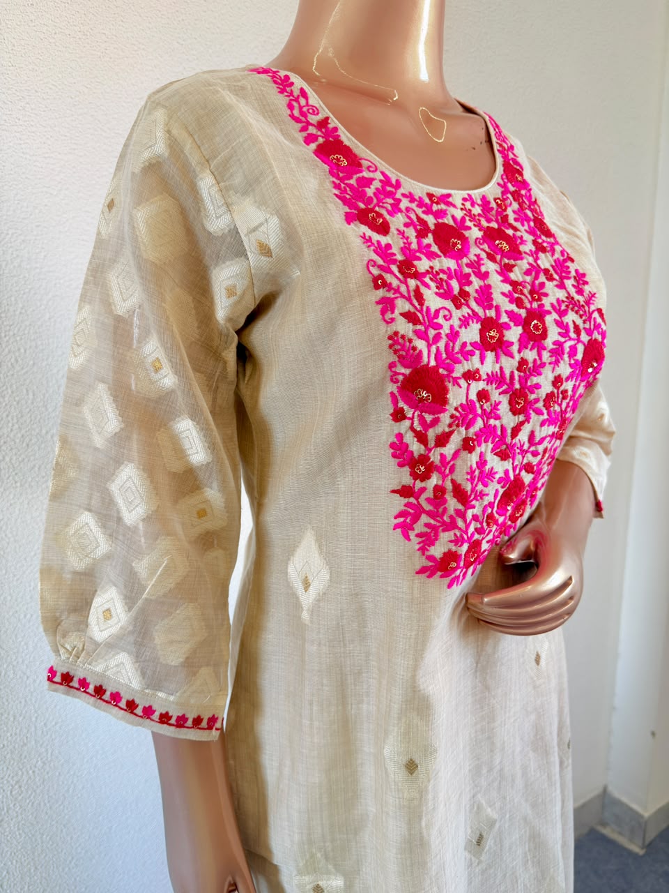 Hot Pink Resham Embroidered Yoke Cream Chanderi Silk Suit Set with Dupatta