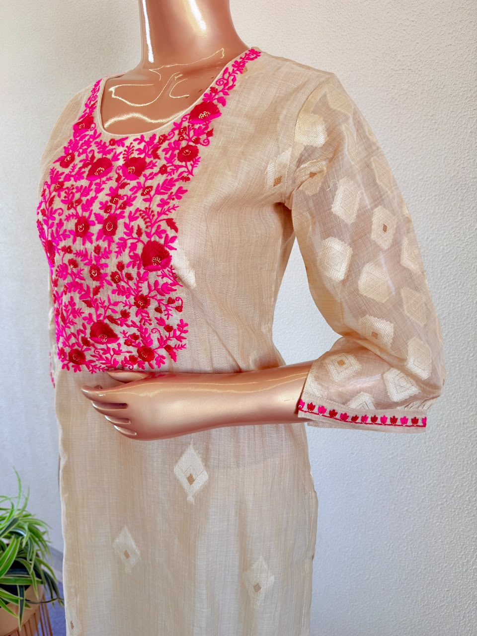 Hot Pink Resham Embroidered Yoke Cream Chanderi Silk Suit Set with Dupatta