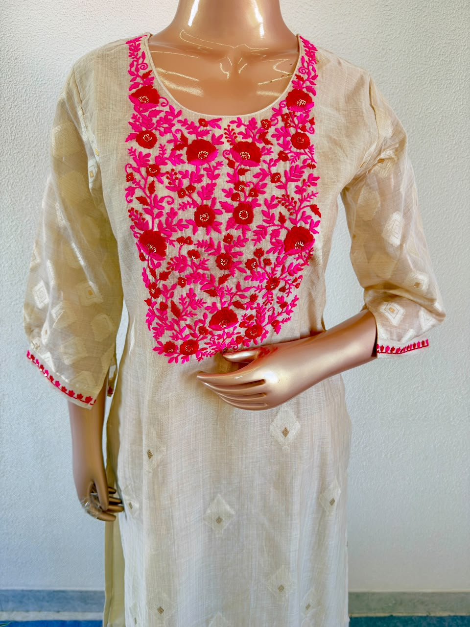Hot Pink Resham Embroidered Yoke Cream Chanderi Silk Suit Set with Dupatta