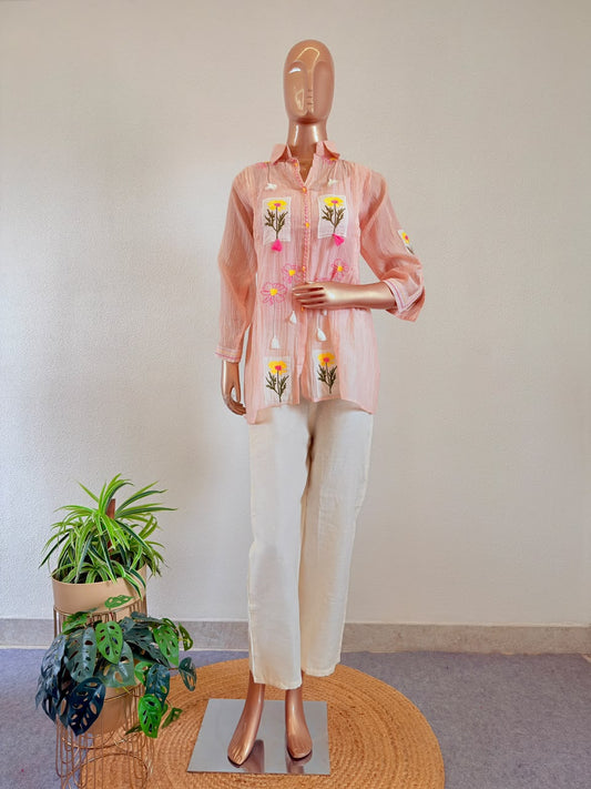 Floral Applique & Pin-Tucked Blush Mul chanderi Shirt with Ivory Trousers Co-Ord Set