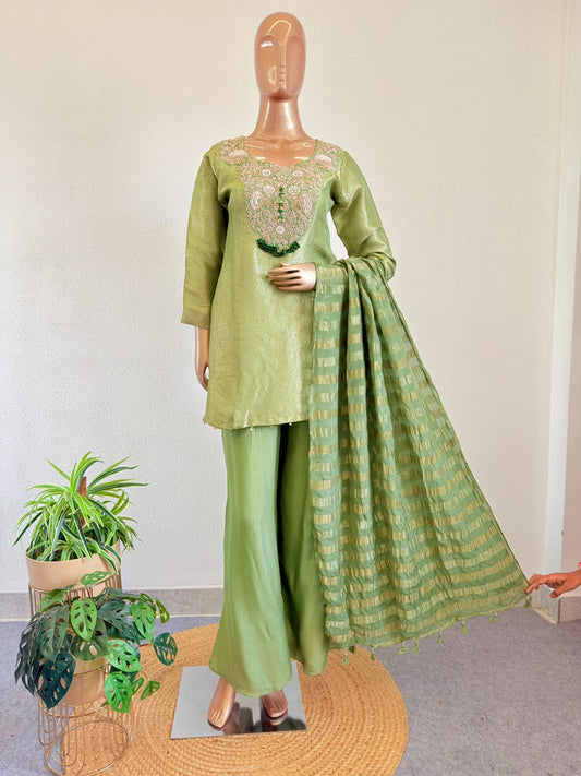 Zardozi Embroidered Yoke Metallic Olive Tissue Kurta Set with Dupatta & Pants