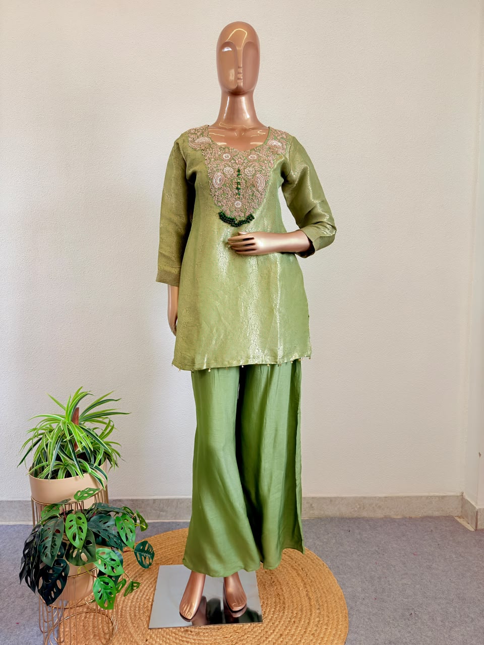 Zardozi Embroidered Yoke Metallic Olive Tissue Kurta Set with Dupatta & Pants
