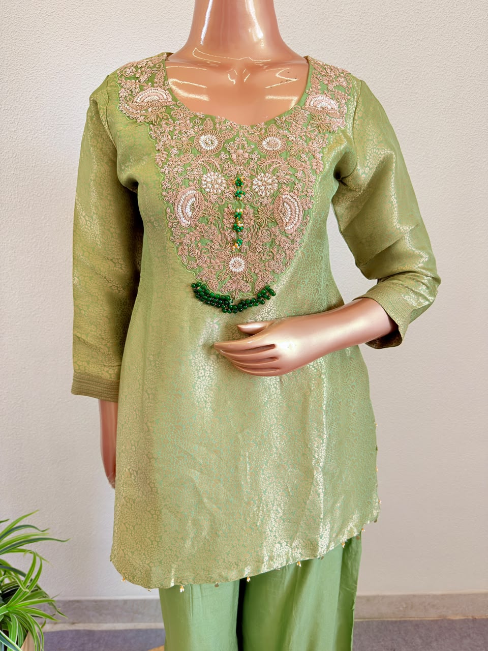 Zardozi Embroidered Yoke Metallic Olive Tissue Kurta Set with Dupatta & Pants