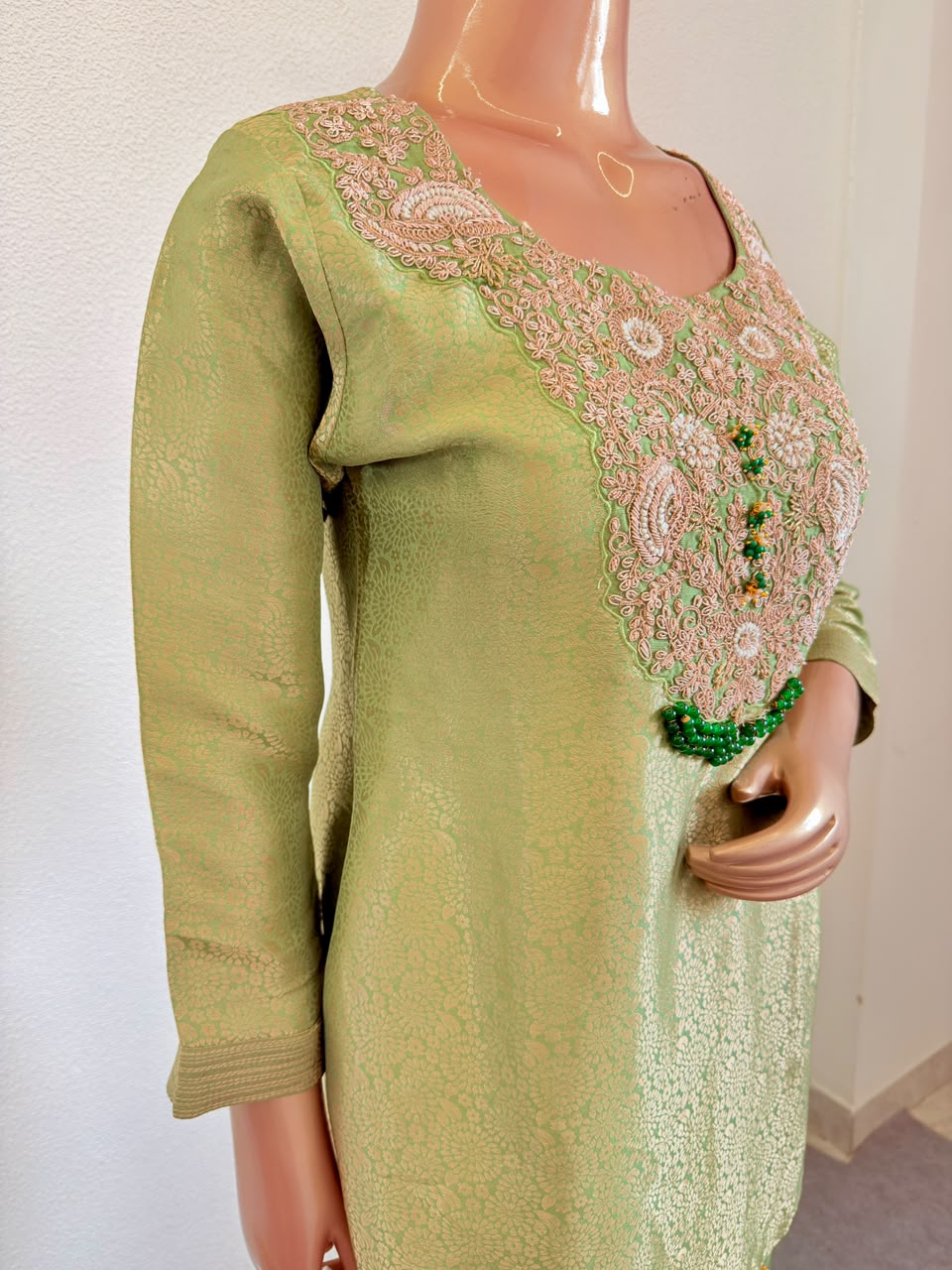 Zardozi Embroidered Yoke Metallic Olive Tissue Kurta Set with Dupatta & Pants