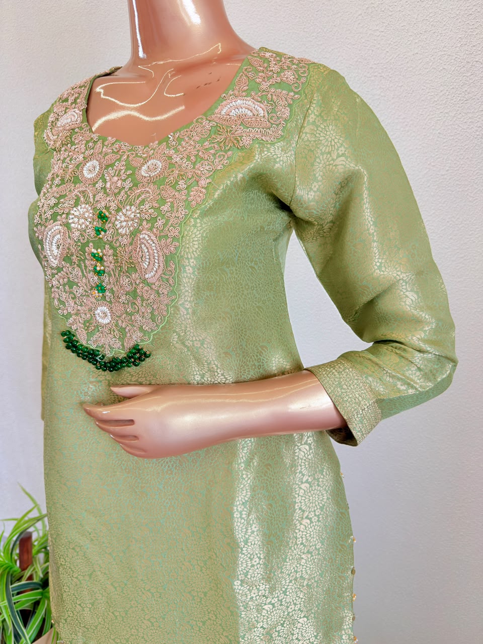 Zardozi Embroidered Yoke Metallic Olive Tissue Kurta Set with Dupatta & Pants