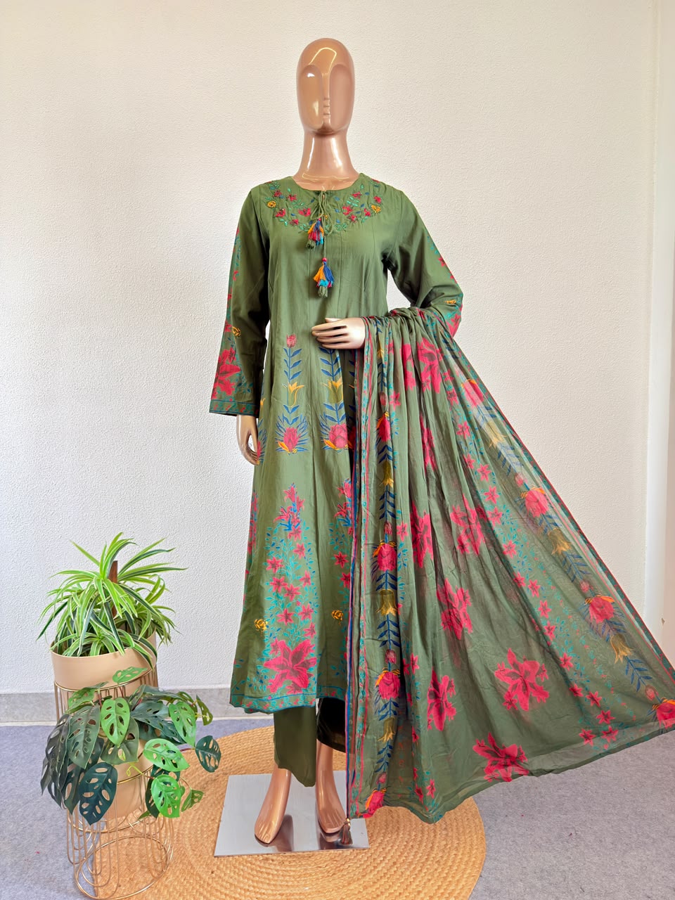 Floral Print Moss Green Anarkali Set with Tassel Neckline Tie-Ups