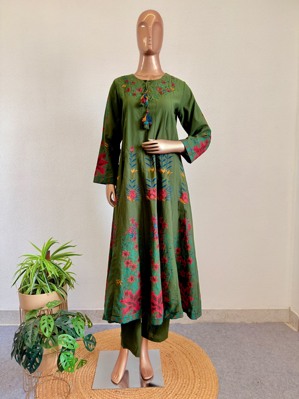 Floral Print Moss Green Anarkali Set with Tassel Neckline Tie-Ups