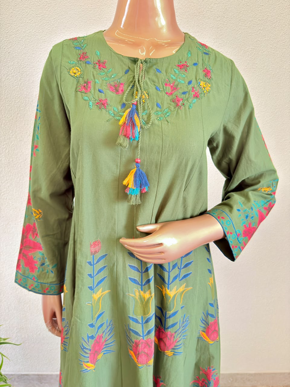 Floral Print Moss Green Anarkali Set with Tassel Neckline Tie-Ups