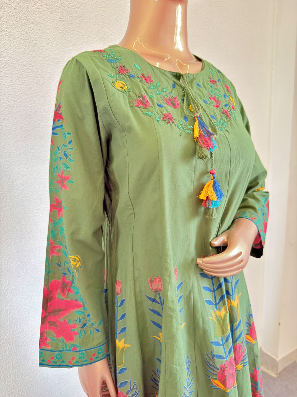 Floral Print Moss Green Anarkali Set with Tassel Neckline Tie-Ups