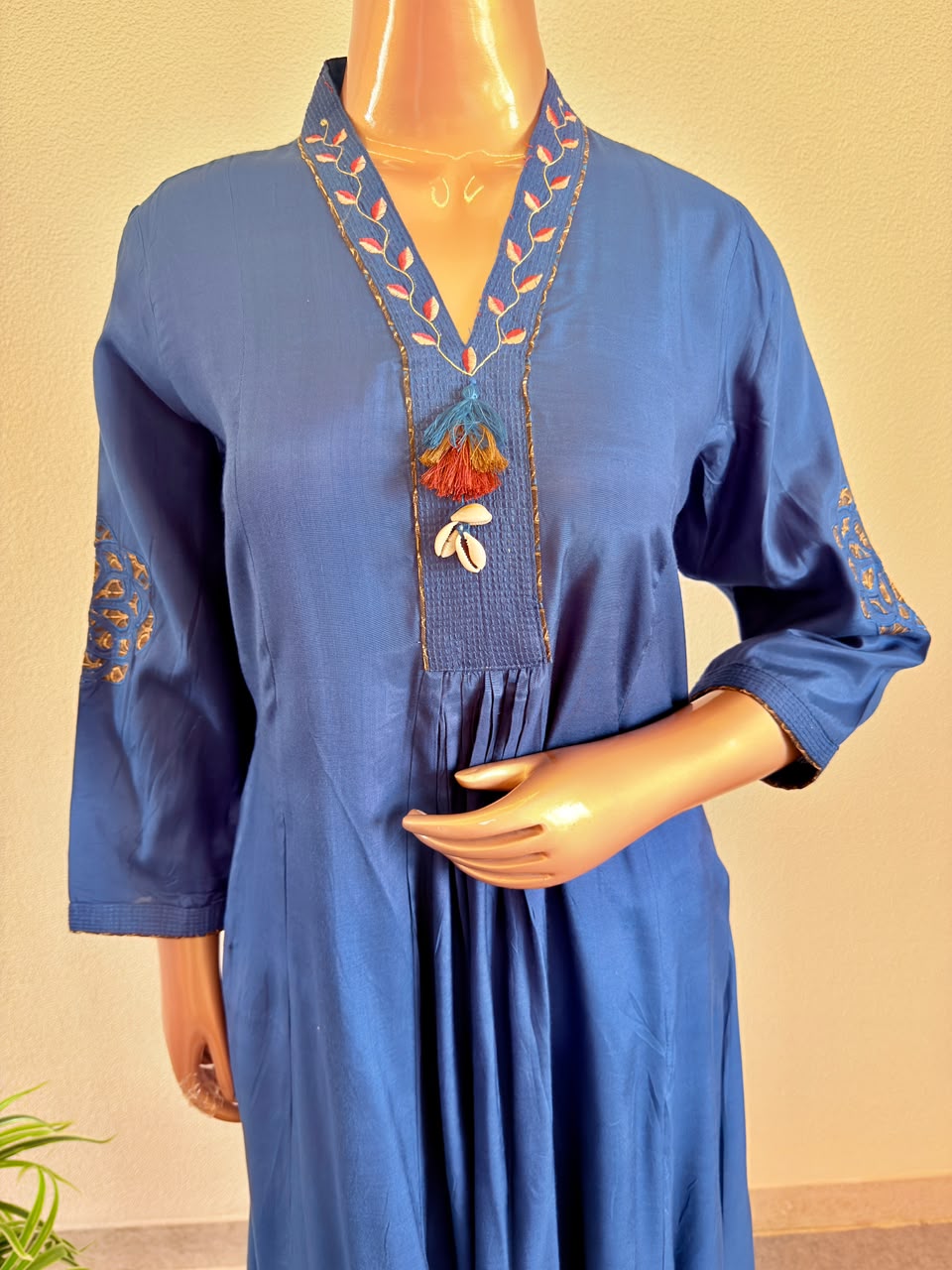 Floral Embroidered V-Neck Indigo Muslin Kurta Set with Ajrakh Dupatta