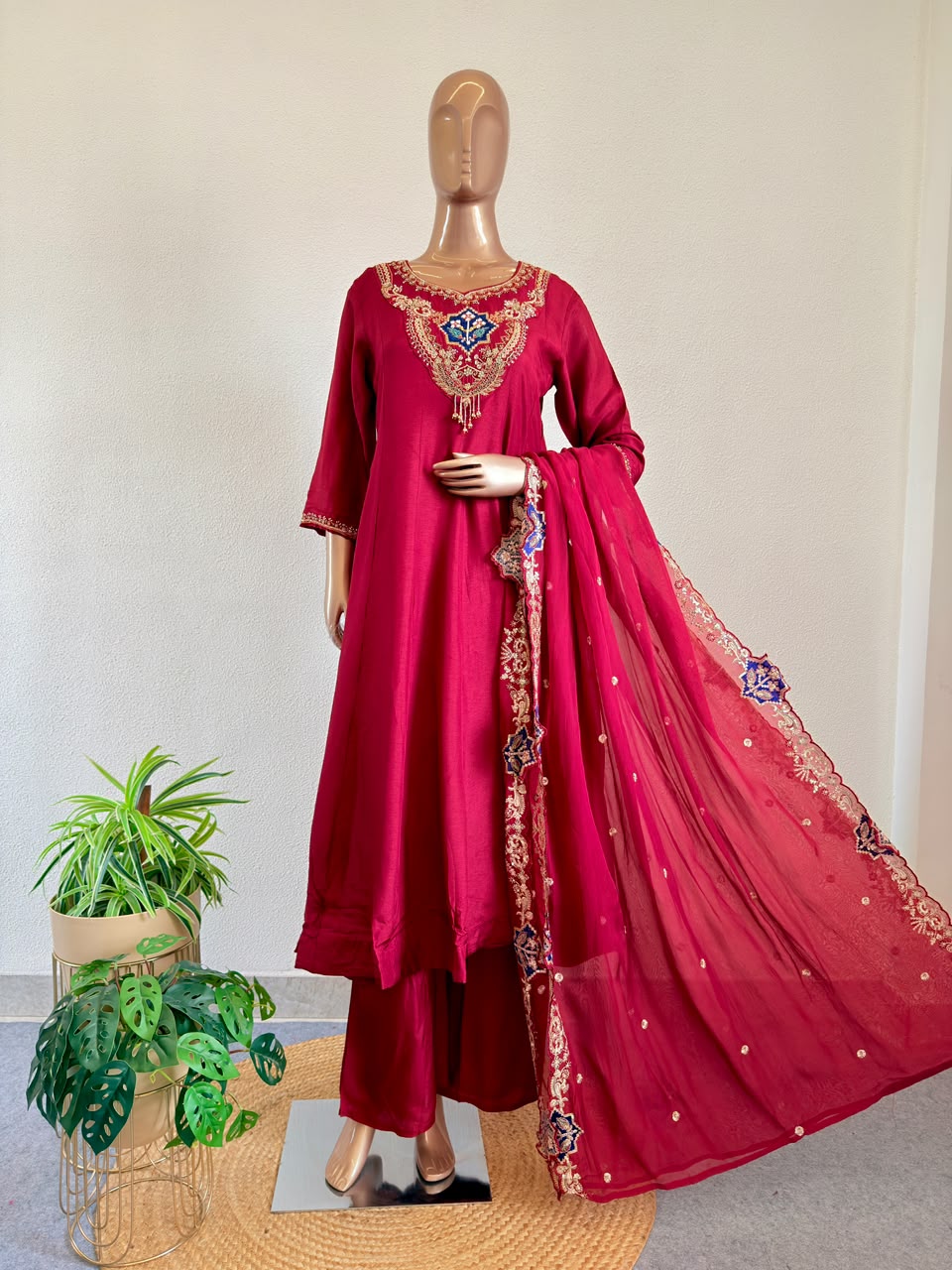 Zardozi Embroidered Neck Flared Silk Anarkali Suit Set with Scalloped Dupatta