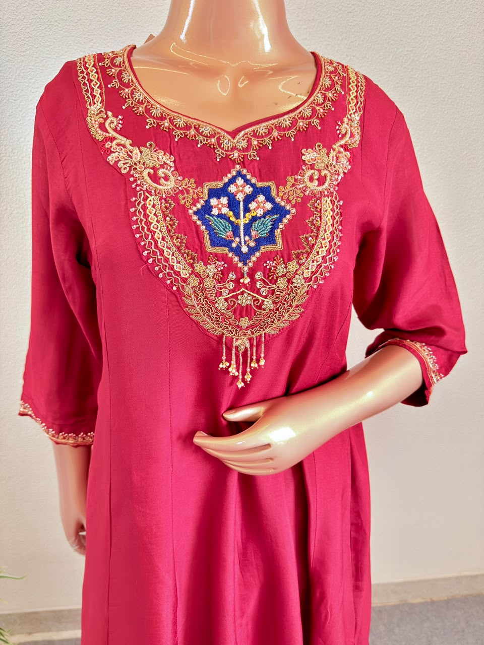 Zardozi Embroidered Neck Flared Silk Anarkali Suit Set with Scalloped Dupatta