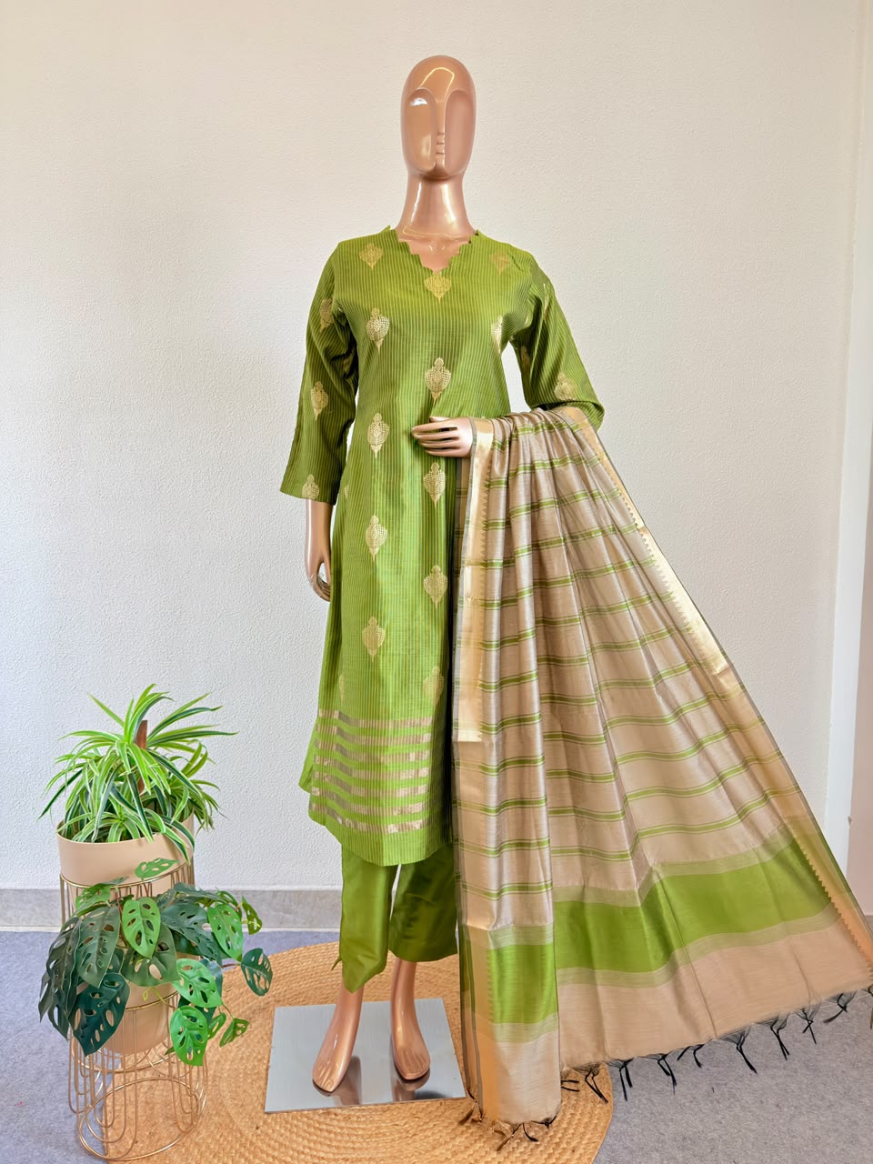 Zari Boota Chanderi Silk A-Line Suit Set with Gold Border Dupatta & Trousers - Olive