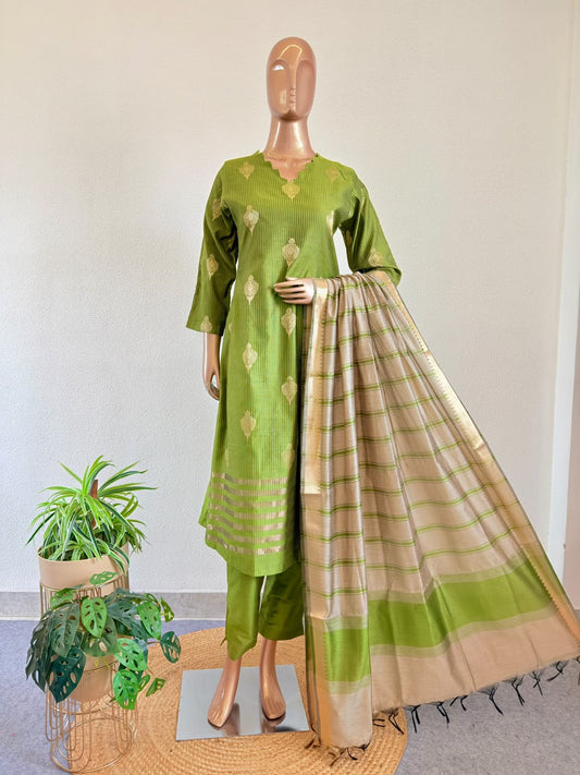 Zari Boota Chanderi Silk A-Line Suit Set with Gold Border Dupatta & Trousers - Olive