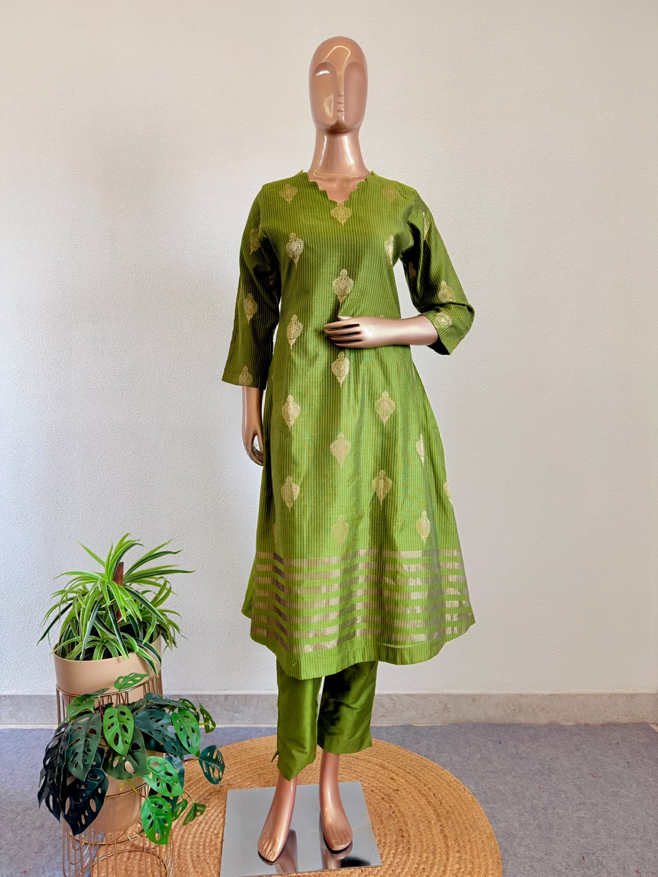 Zari Boota Chanderi Silk A-Line Suit Set with Gold Border Dupatta & Trousers - Olive