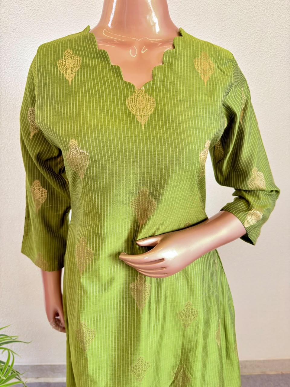 Zari Boota Chanderi Silk A-Line Suit Set with Gold Border Dupatta & Trousers - Olive
