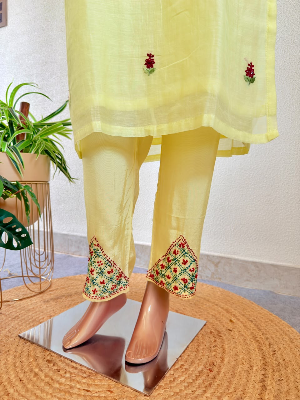 Floral Resham Embroidered Sleeve Lemon Yellow Chanderi Silk Suit Set with Trousers & Dupatta