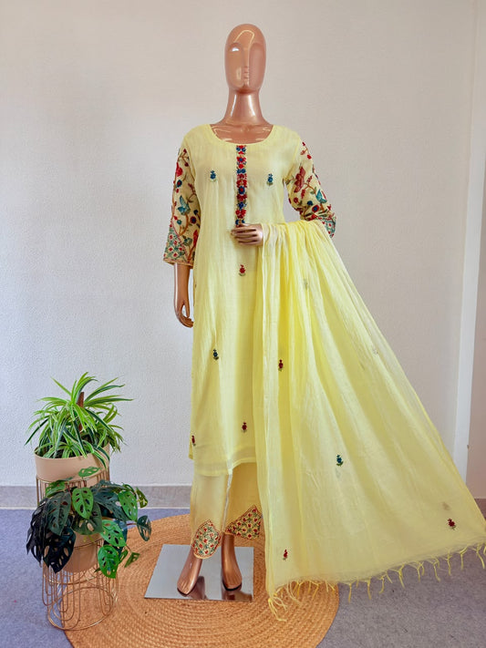 Floral Resham Embroidered Sleeve Lemon Yellow Chanderi Silk Suit Set with Trousers & Dupatta