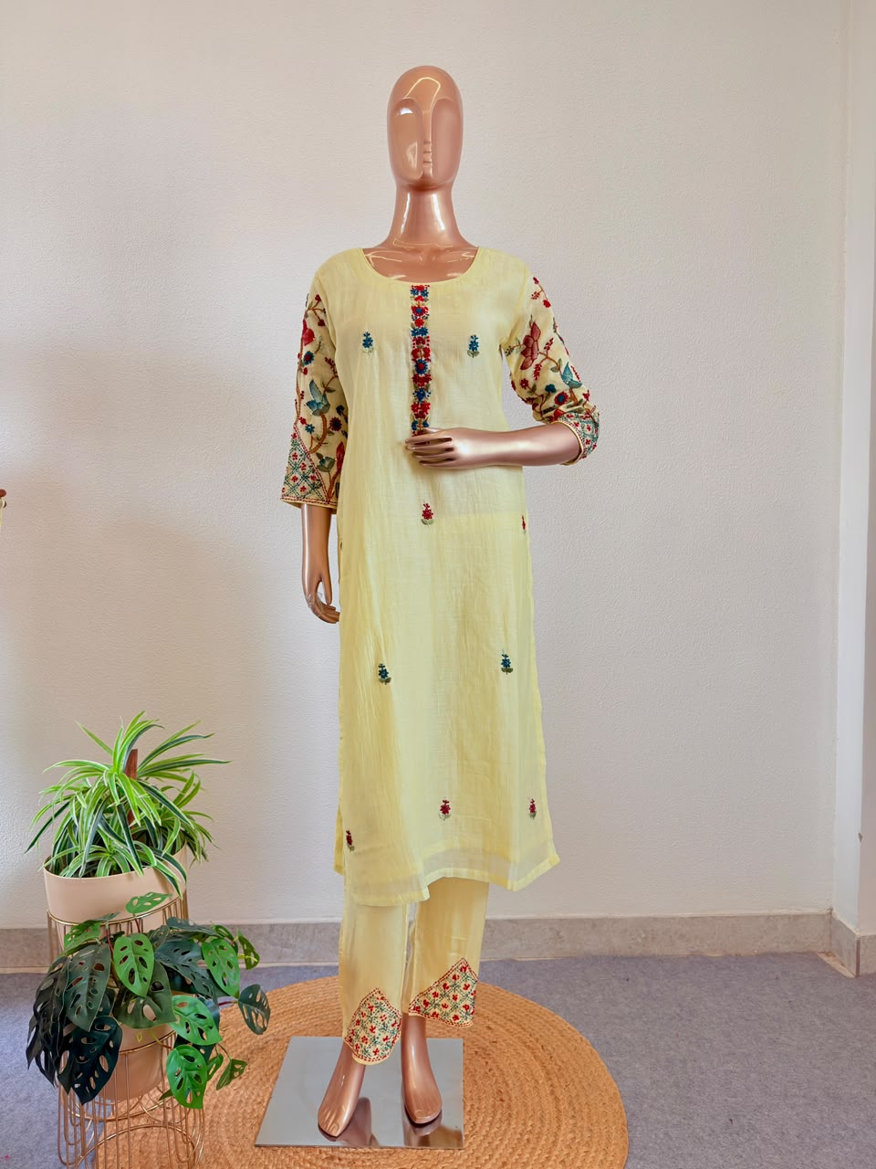 Floral Resham Embroidered Sleeve Lemon Yellow Chanderi Silk Suit Set with Trousers & Dupatta
