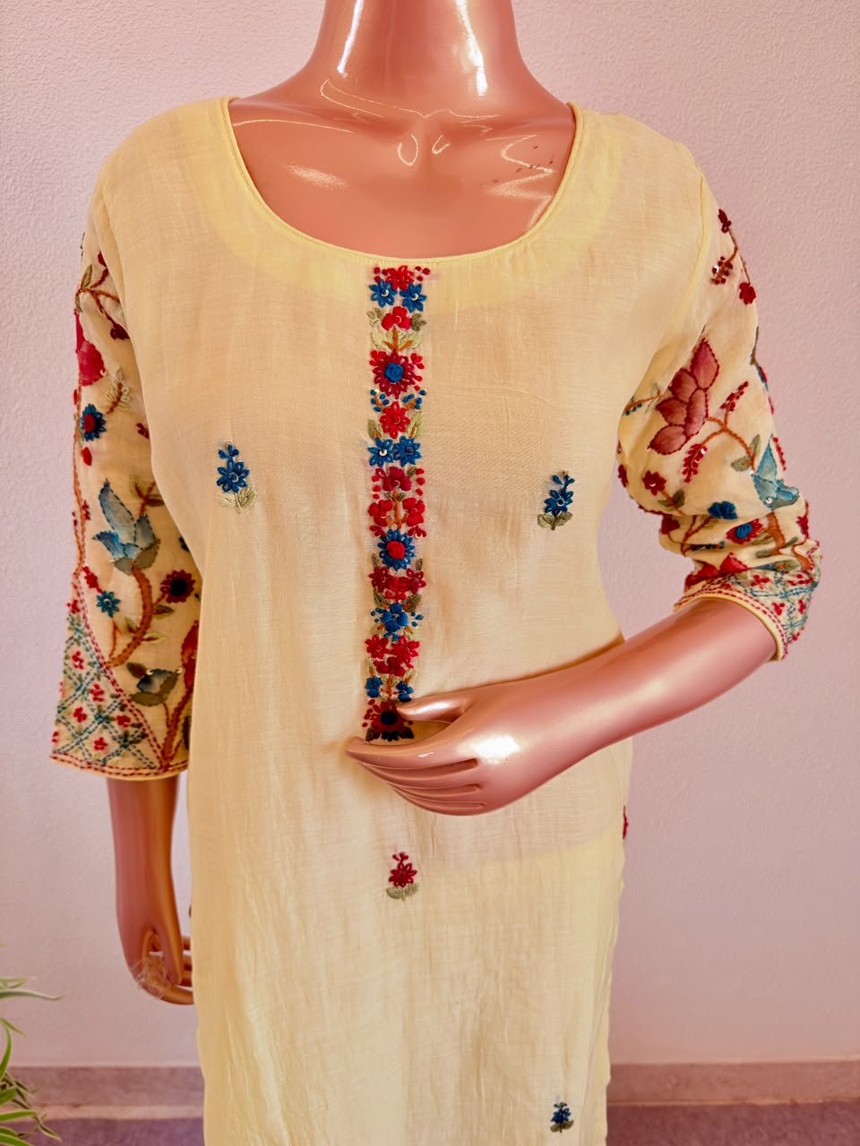 Floral Resham Embroidered Sleeve Lemon Yellow Chanderi Silk Suit Set with Trousers & Dupatta