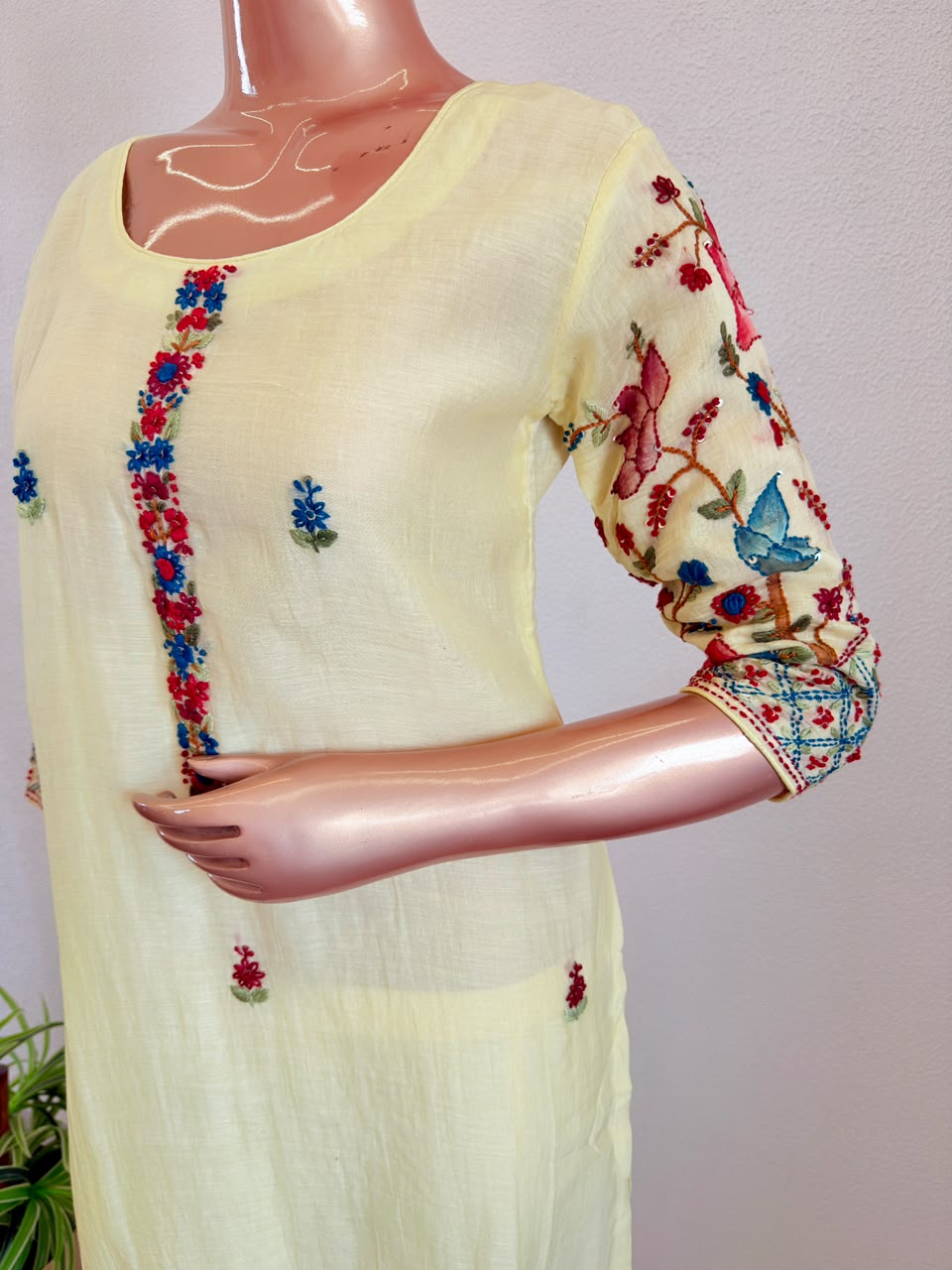Floral Resham Embroidered Sleeve Lemon Yellow Chanderi Silk Suit Set with Trousers & Dupatta