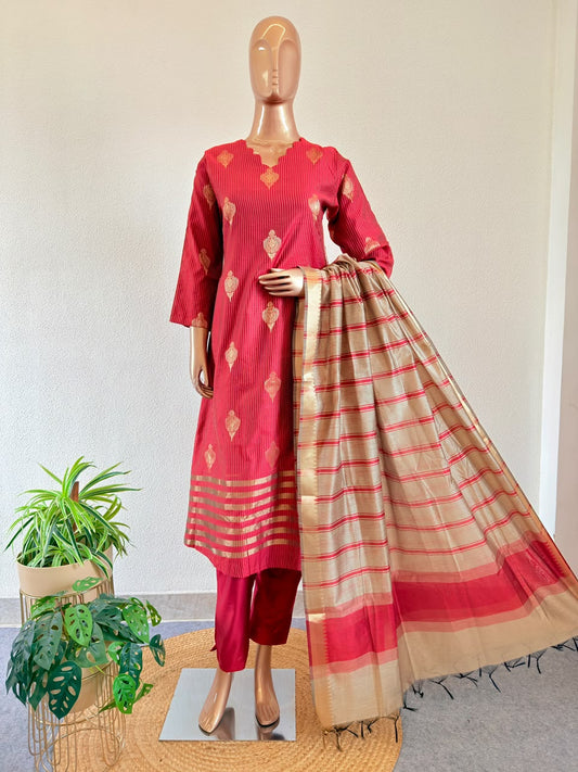 Zari Boota Chanderi Silk A-Line Suit Set with Gold Border Dupatta & Trousers - Red