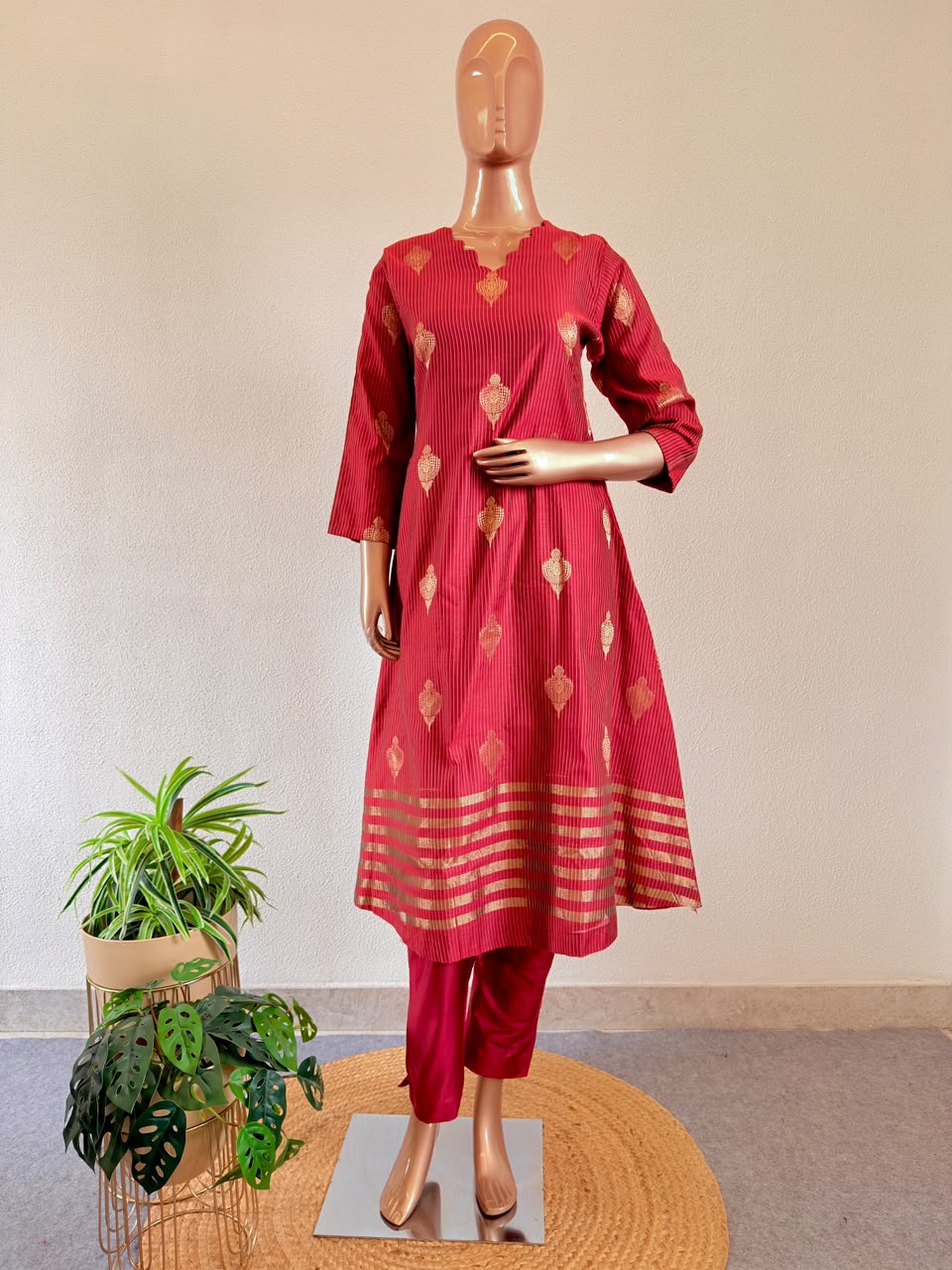 Zari Boota Chanderi Silk A-Line Suit Set with Gold Border Dupatta & Trousers - Red