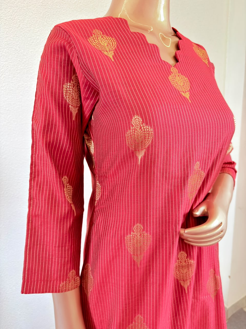 Zari Boota Chanderi Silk A-Line Suit Set with Gold Border Dupatta & Trousers - Red