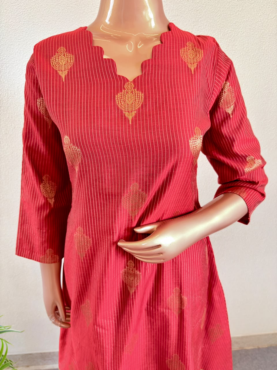 Zari Boota Chanderi Silk A-Line Suit Set with Gold Border Dupatta & Trousers - Red