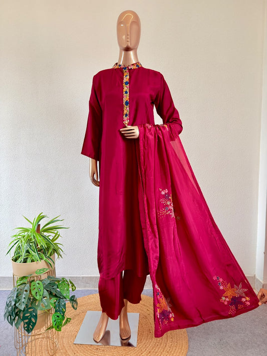 Premium Deep Magenta 3-Piece Festive Silk Ensemble with Hand Thread Embroidery