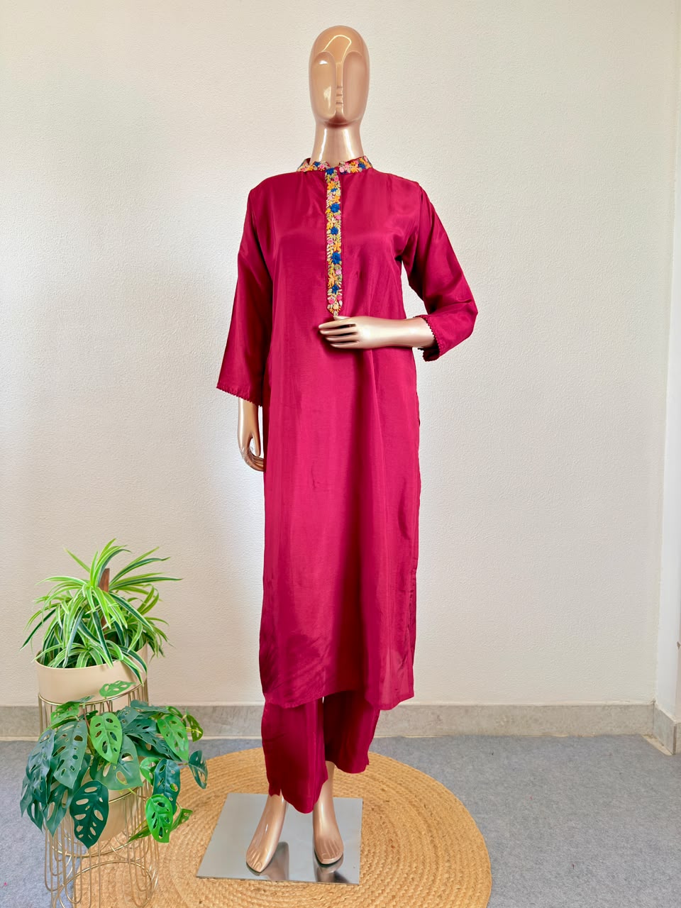 Premium Deep Magenta 3-Piece Festive Silk Ensemble with Hand Thread Embroidery