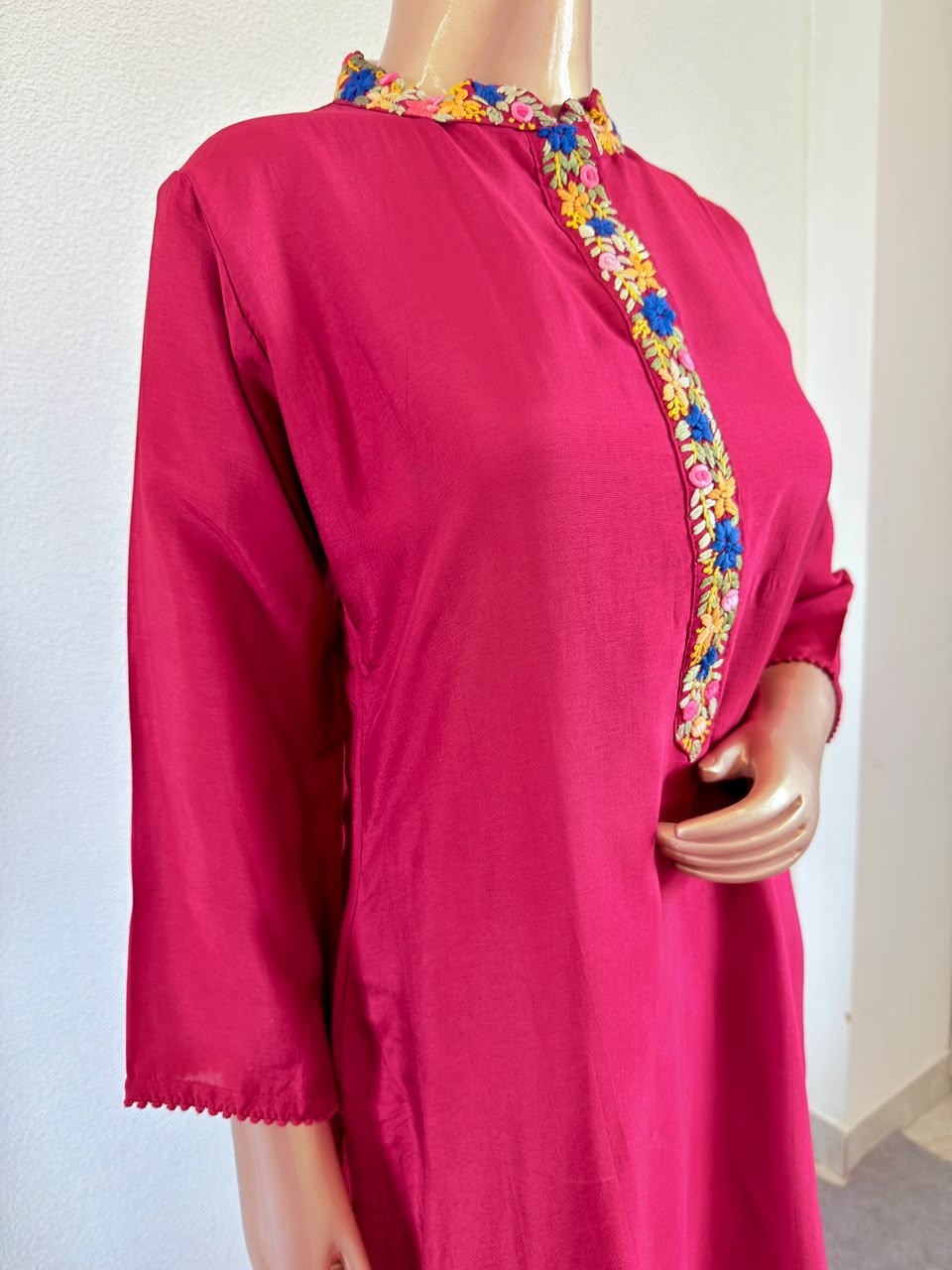 Premium Deep Magenta 3-Piece Festive Silk Ensemble with Hand Thread Embroidery