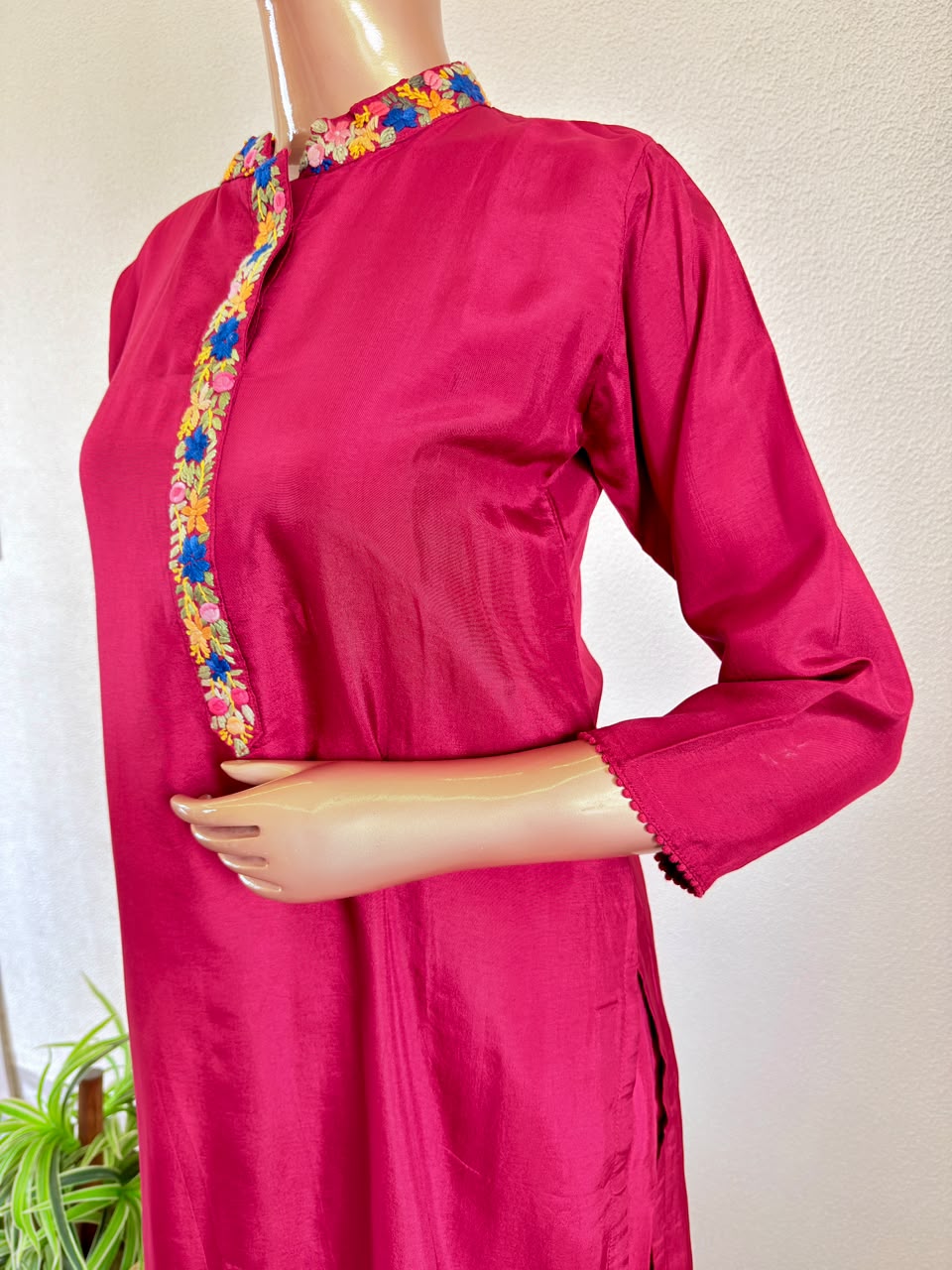Premium Deep Magenta 3-Piece Festive Silk Ensemble with Hand Thread Embroidery