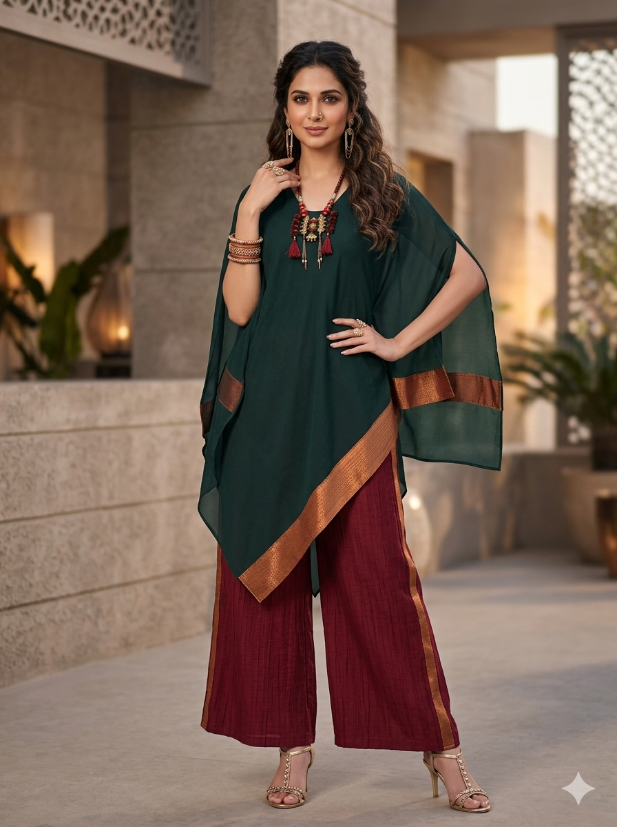 Chanderi Kaftan Indo Western with Neck Piece - Green