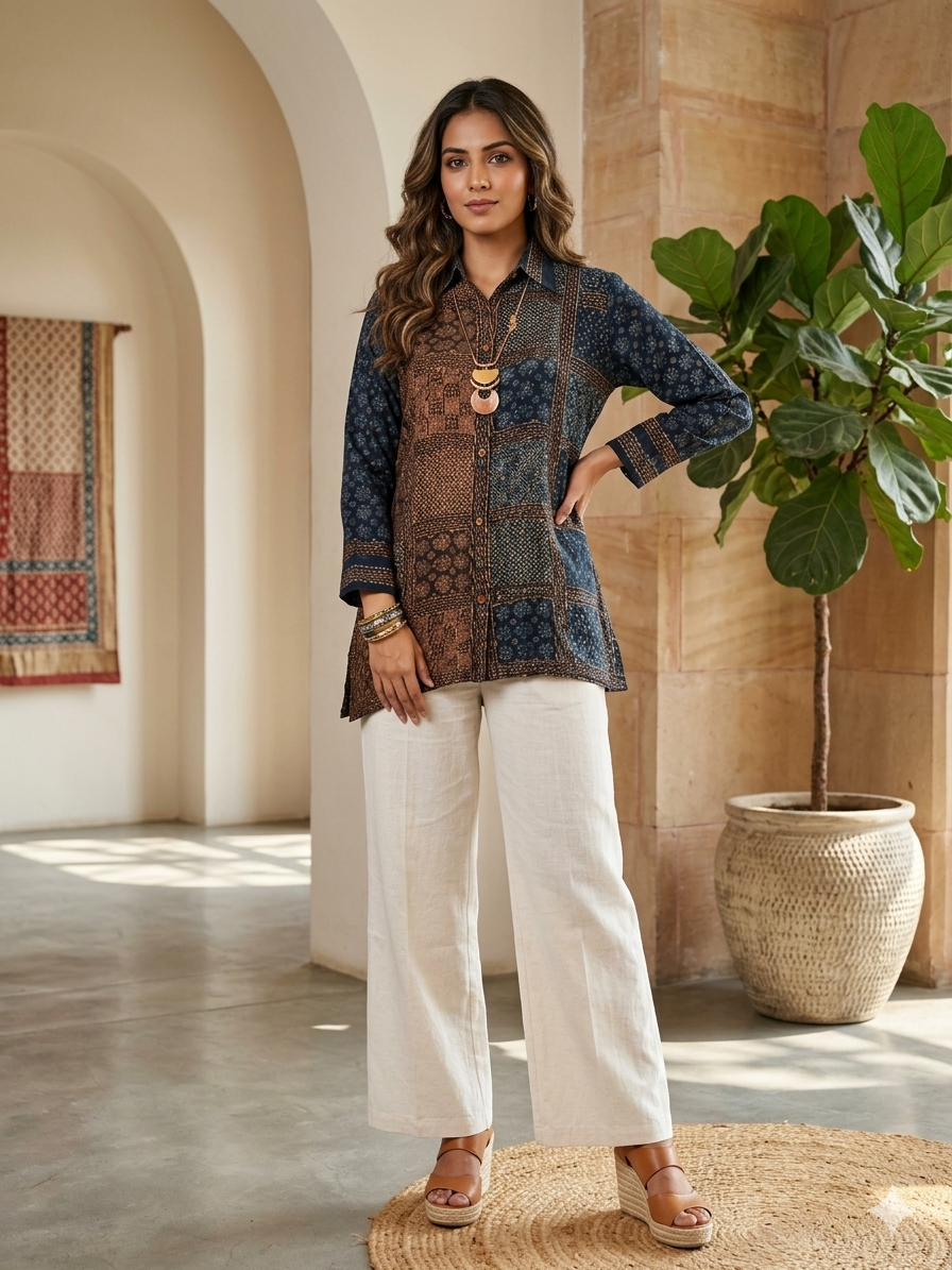 Ajrakh Print Shirt in Earthy Tones