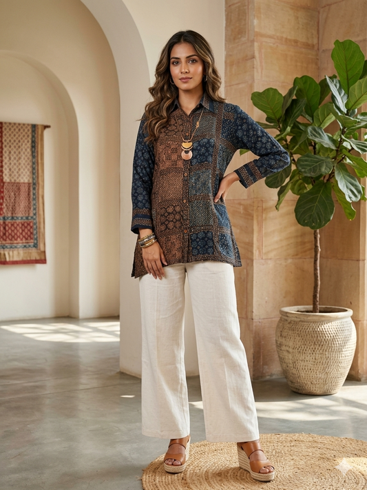Ajrakh Print Shirt in Earthy Tones