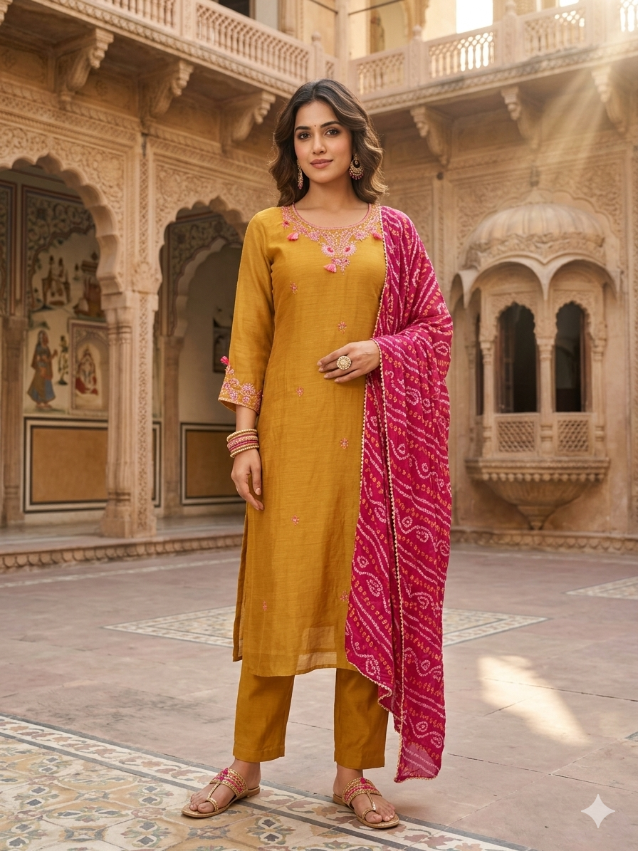 Mul chanderi Hand work Suit Set with Pure Bandhani Dupatta