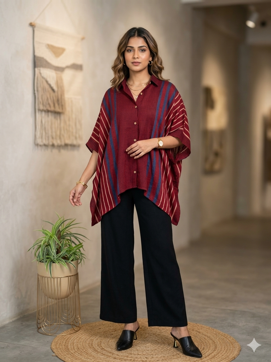 Ajrakh Print Kaftan Shirt - Red