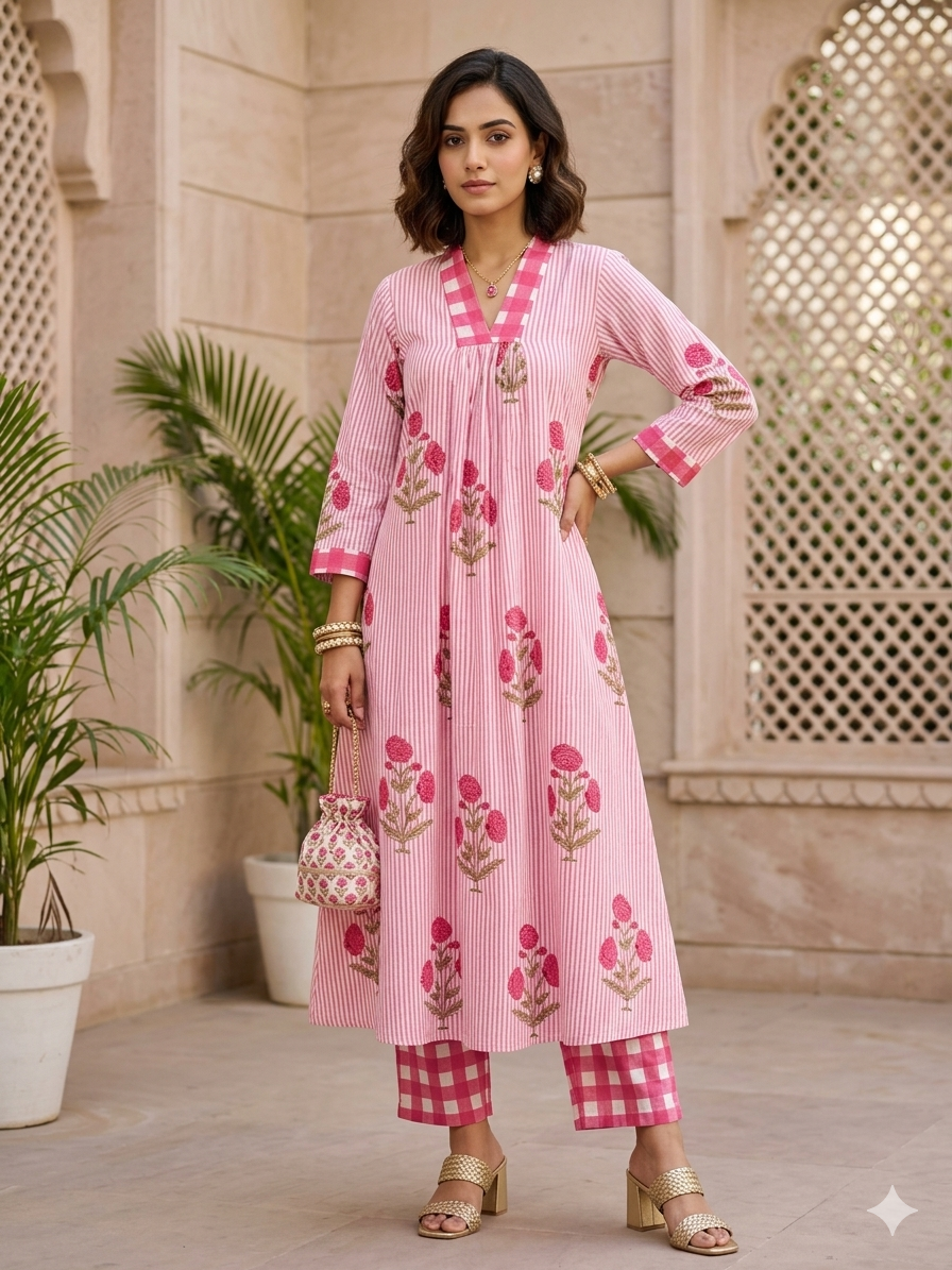 Turn Collar Hand Block Print Kurta Pant Set