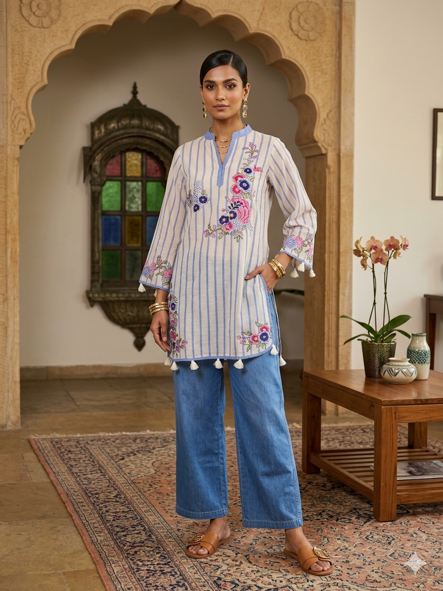 Printed Linen Co Ord Set with Denim Pants
