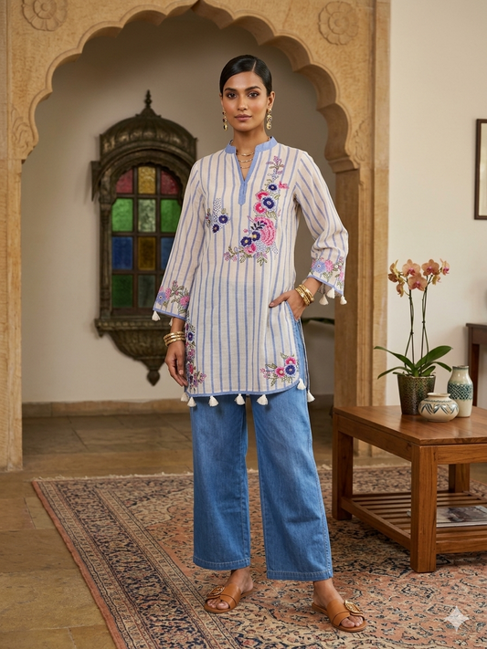 Printed Linen Co Ord Set with Denim Pants